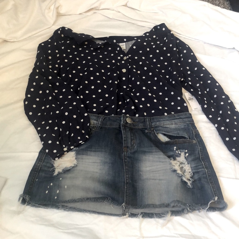 Polkadot dress shirt and Jean skirt